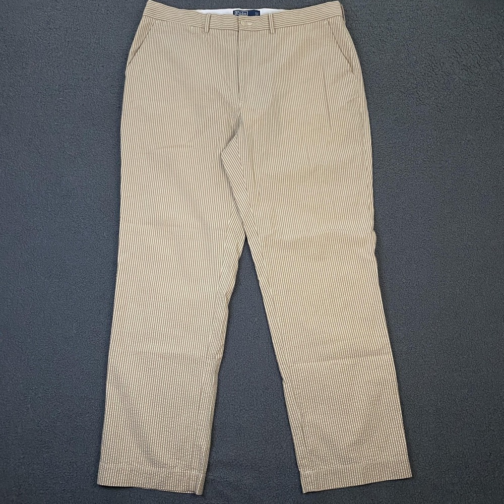 Polo Ralph Lauren Pants Mens 38x32 Beige Striped Seer Sucker Chino Dress Vintage